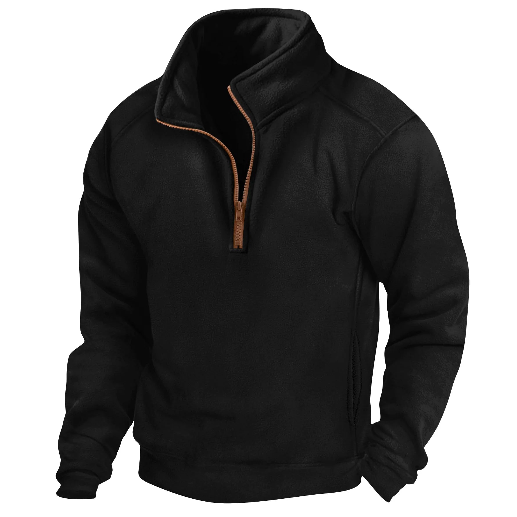 Felpa nera con zip a metà, design casual, tessuto morbido, ideale per abbigliamento autunnale e invernale, moda uomo, comfort quotidiano.