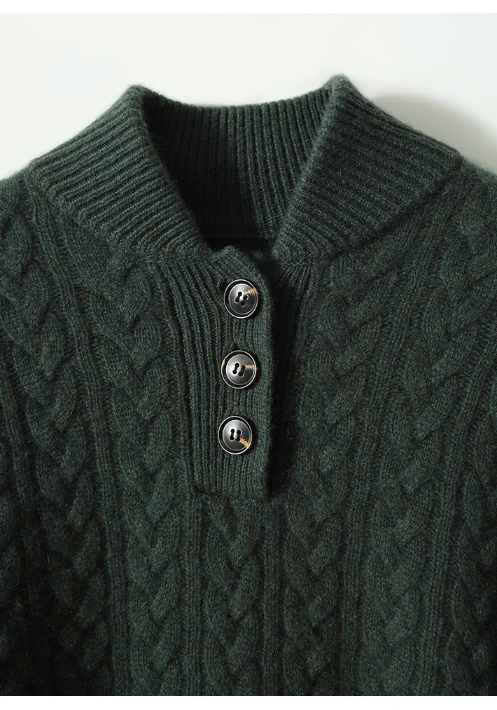 Herre-striktrøje i kashmirblanding med knapper | Slim fit-striktrøje i uld med snoningsmønster og opretstående krave | Varmt vinterstrik
