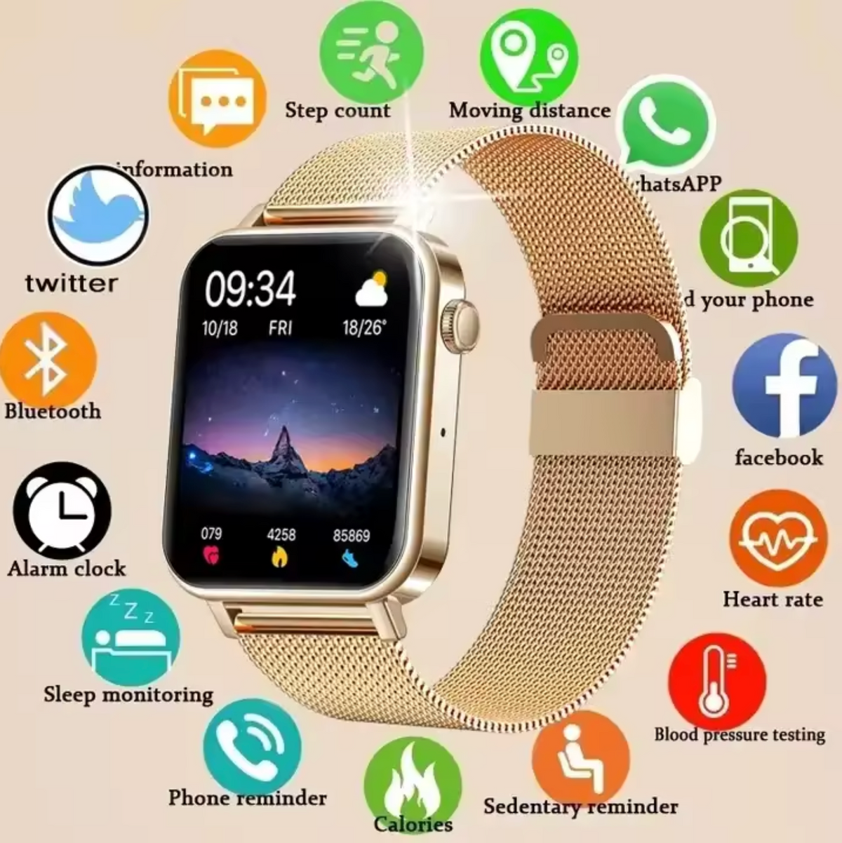 Dámské chytré hodinky s fitness trackerem a měřičem srdečního tepu – tenké zdravotní hodinky pro iOS a Android – vodotěsné podle normy IP67