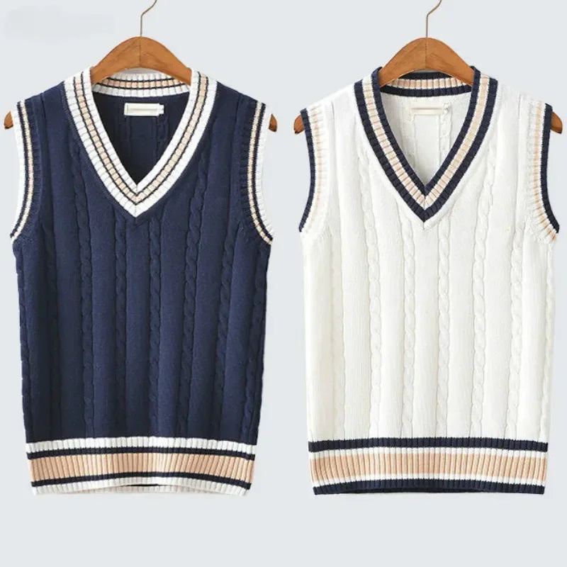 Vestă din tricot cu decolteu în V pentru bărbați | Pulover gros fără mâneci
