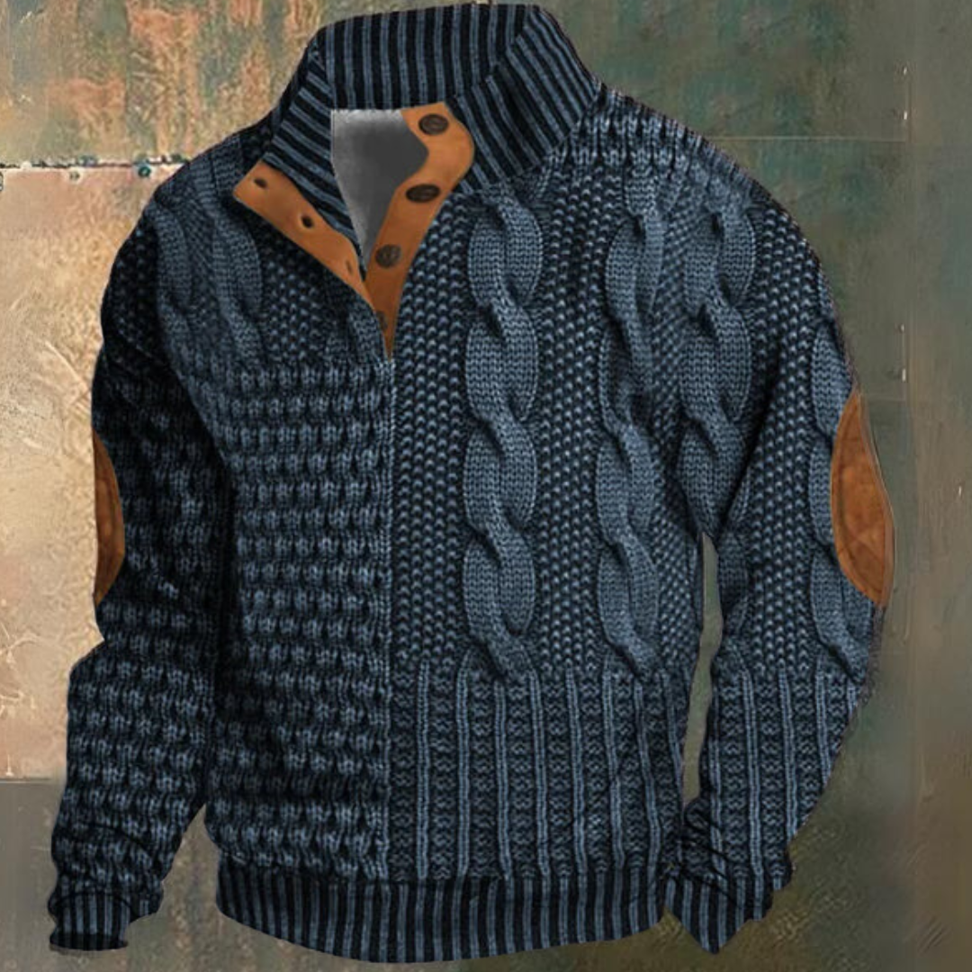 Jersey de punto trenzado para hombre, con medio botonero y parches en los codos | Jersey clásico de punto con textura y cuello alto, ideal para el día a día