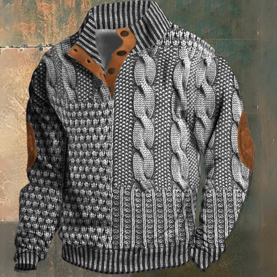 Jersey de punto trenzado para hombre, con medio botonero y parches en los codos | Jersey clásico de punto con textura y cuello alto, ideal para el día a día