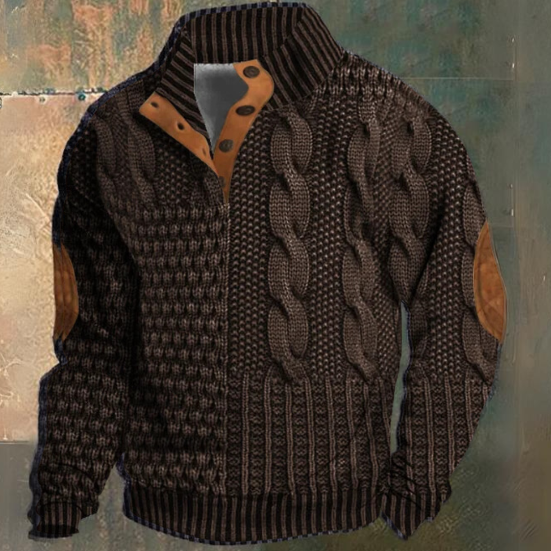 Jersey de punto trenzado para hombre, con medio botonero y parches en los codos | Jersey clásico de punto con textura y cuello alto, ideal para el día a día