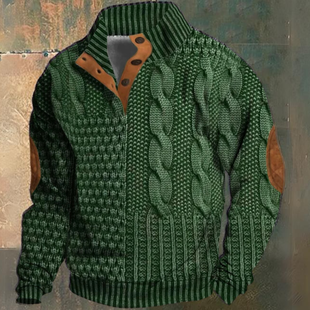 Jersey de punto trenzado para hombre, con medio botonero y parches en los codos | Jersey clásico de punto con textura y cuello alto, ideal para el día a día