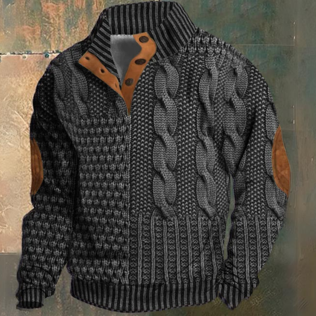 Jersey de punto trenzado para hombre, con medio botonero y parches en los codos | Jersey clásico de punto con textura y cuello alto, ideal para el día a día