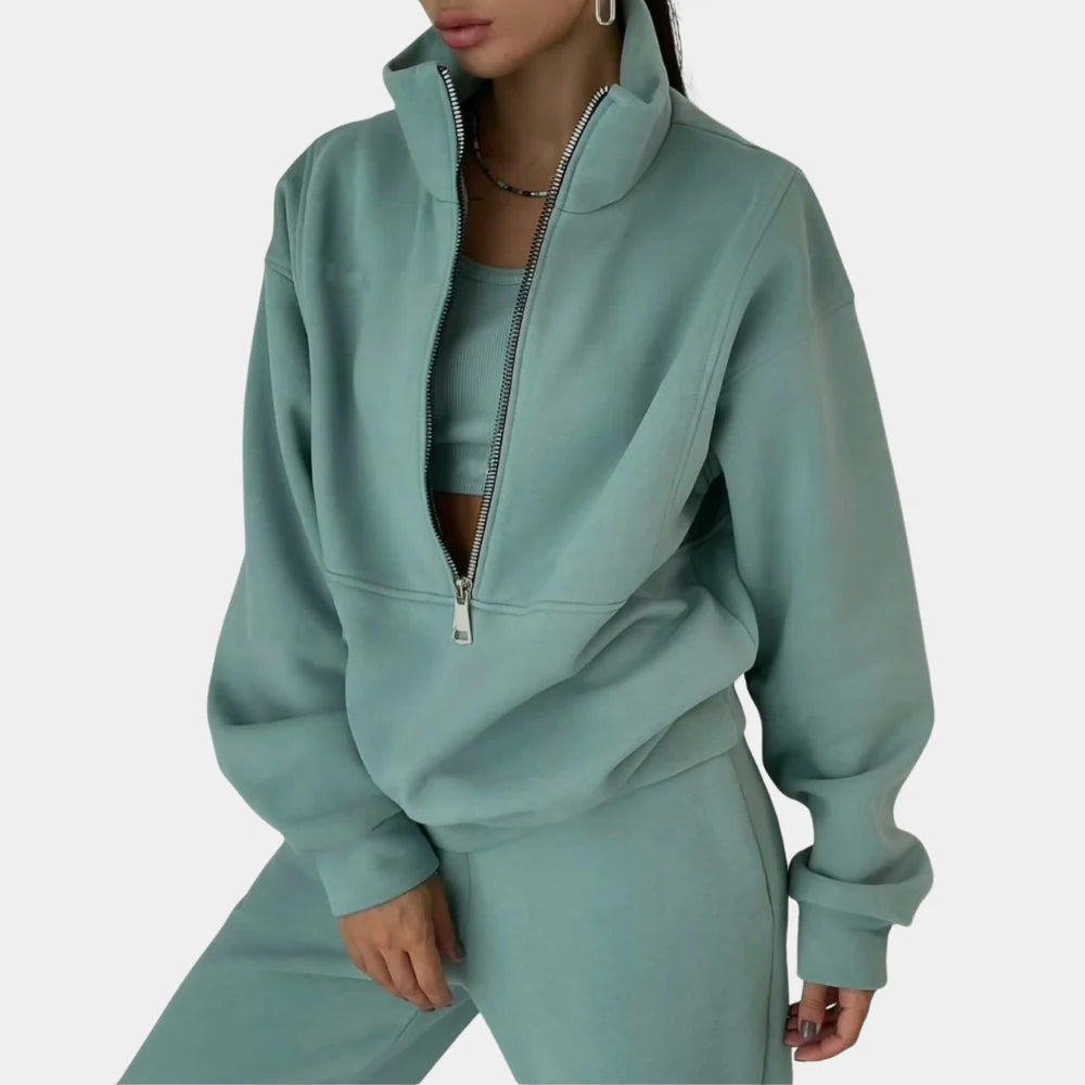 Set de trening din fleece cu fermoar pe jumătate pentru femei | Set de jogging din două piese, compus din hanorac și pantaloni de jogging | Set de îmbrăcăminte casual și confortabilă pentru acasă