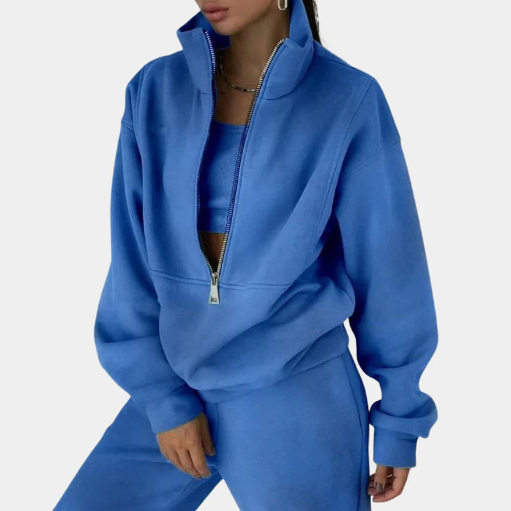 Set de trening din fleece cu fermoar pe jumătate pentru femei | Set de jogging din două piese, compus din hanorac și pantaloni de jogging | Set de îmbrăcăminte casual și confortabilă pentru acasă
