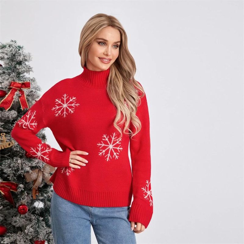 Snowflake Print Pullover Sweater with Mock Neckline