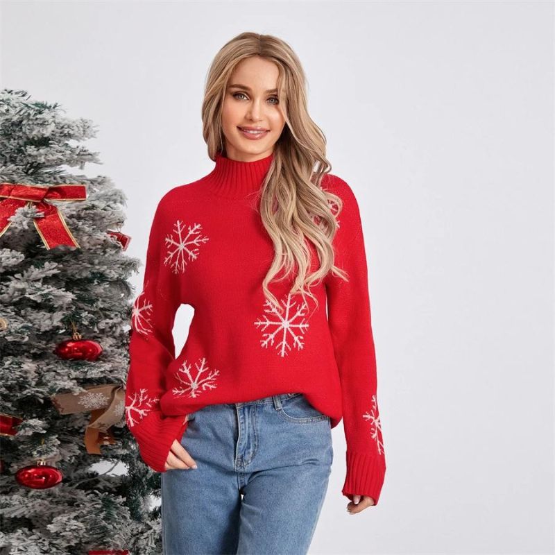 Snowflake Print Pullover Sweater with Mock Neckline
