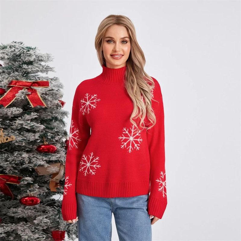 Snowflake Print Pullover Sweater with Mock Neckline