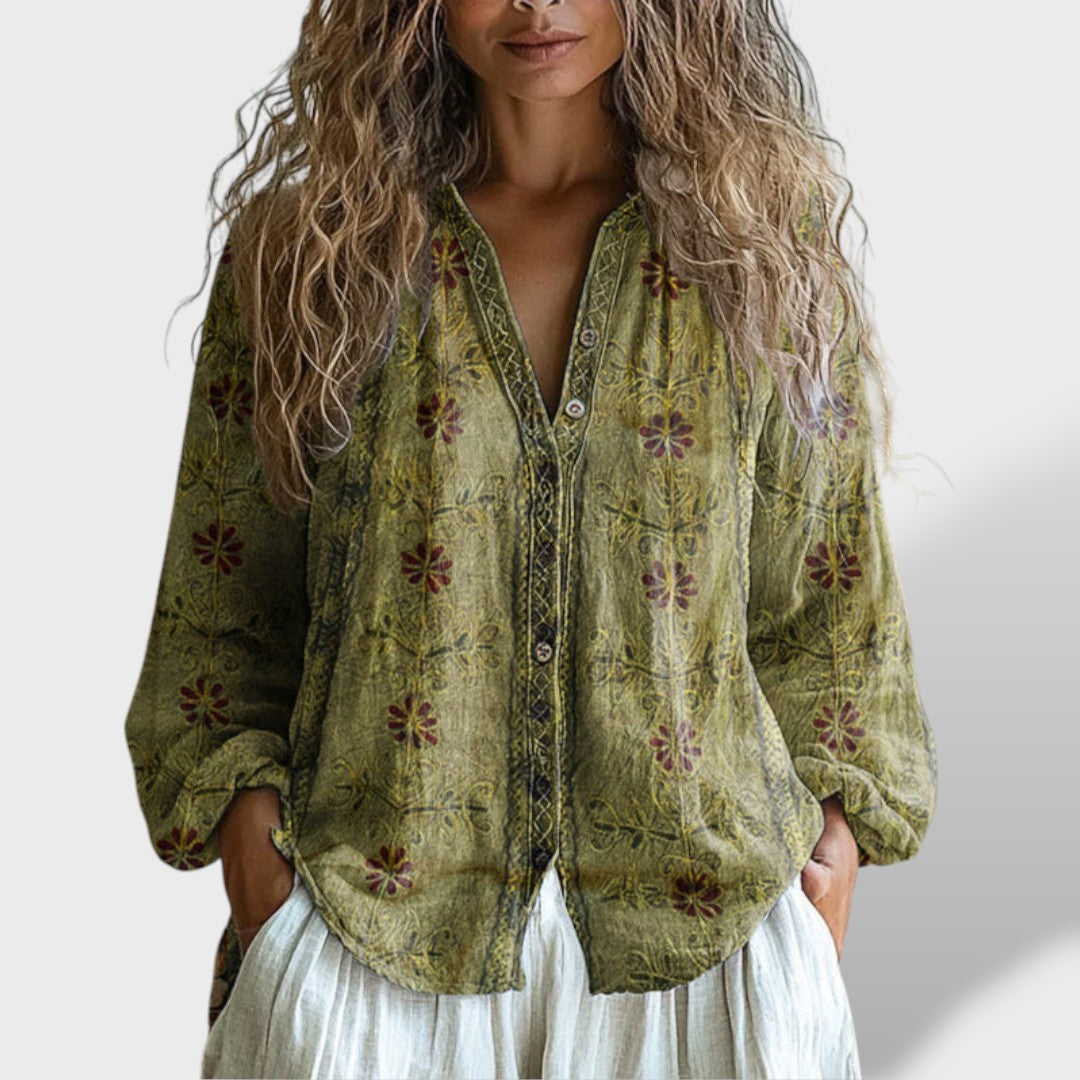 Bluse med bladmønster til kvinder | Langærmet top i vintage-stil | Retro-mønstret skjorte til afslappet hverdags- og kontortøj