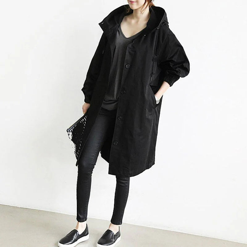 Trench lungo da donna con cappuccio