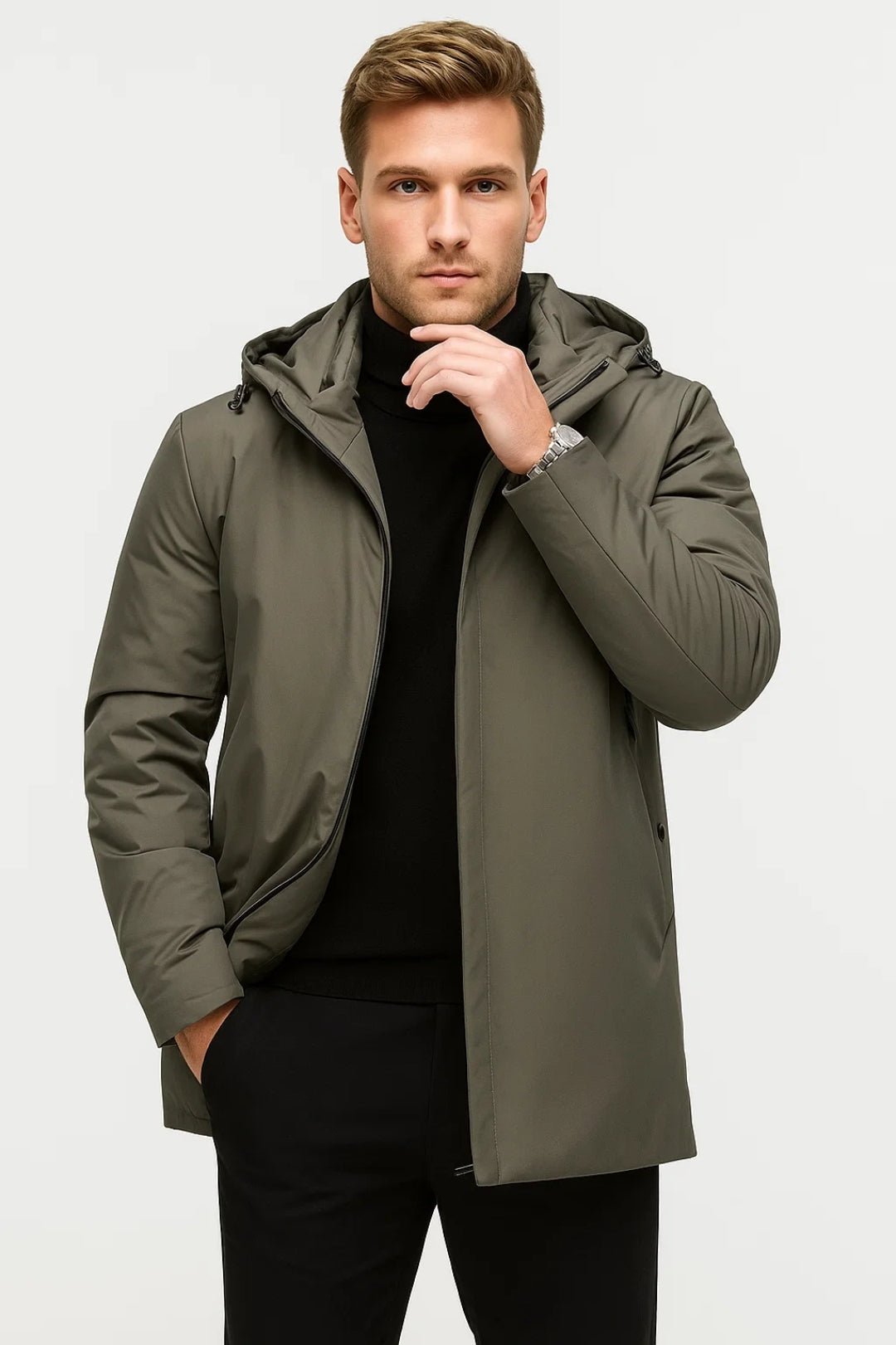 Hooded Mid-Length Coat for Men - Image 2