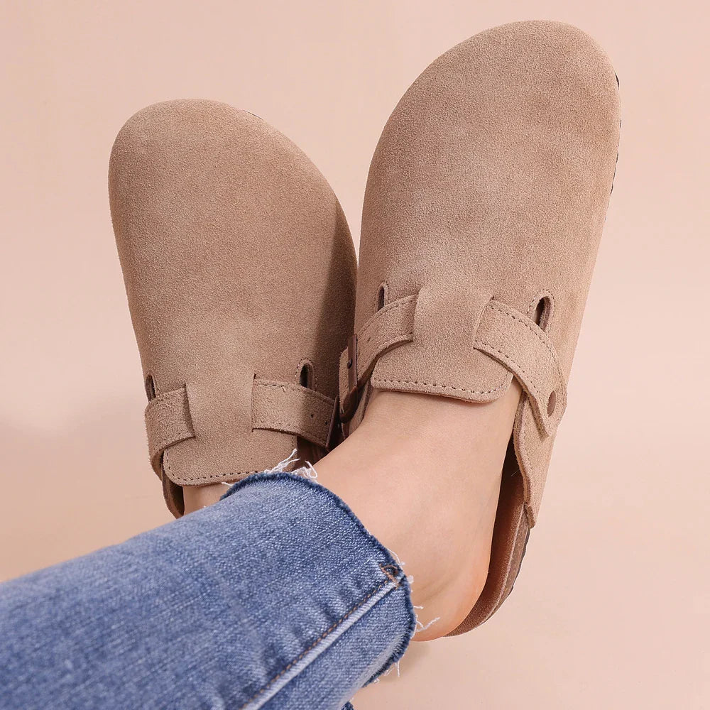 Sandali clog da donna in pelle scamosciata, comodi