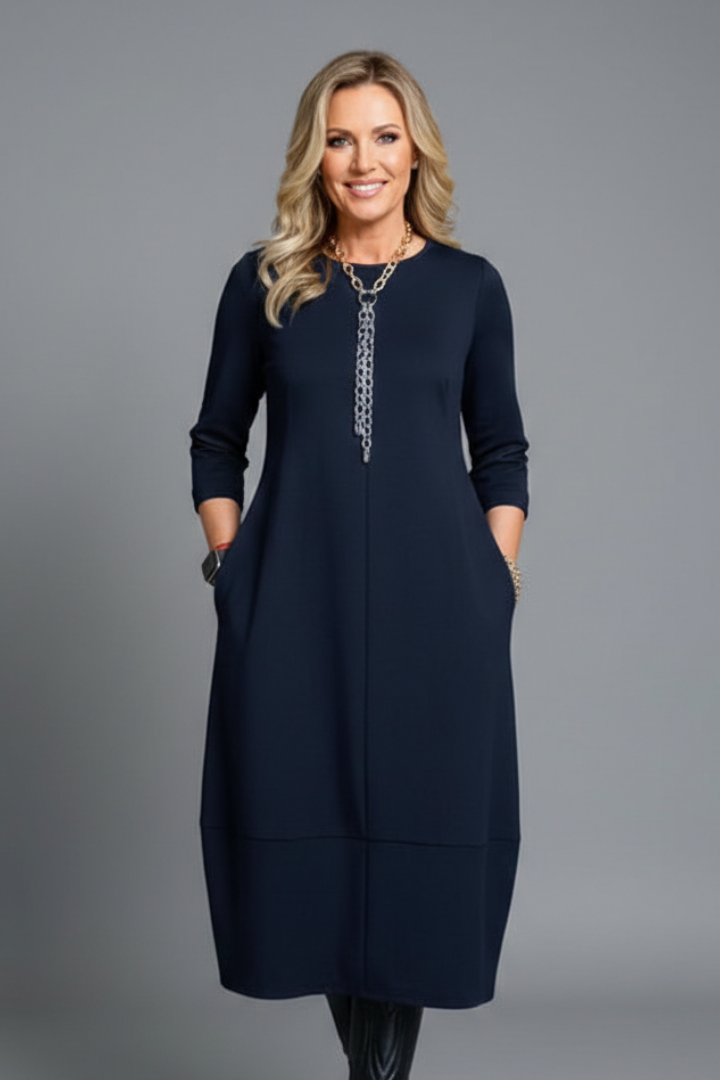 Women's Midi Dress with Pockets | A-Line 3/4 Sleeve Round Neck Textured Casual Dress for Everyday Comfortable Wear