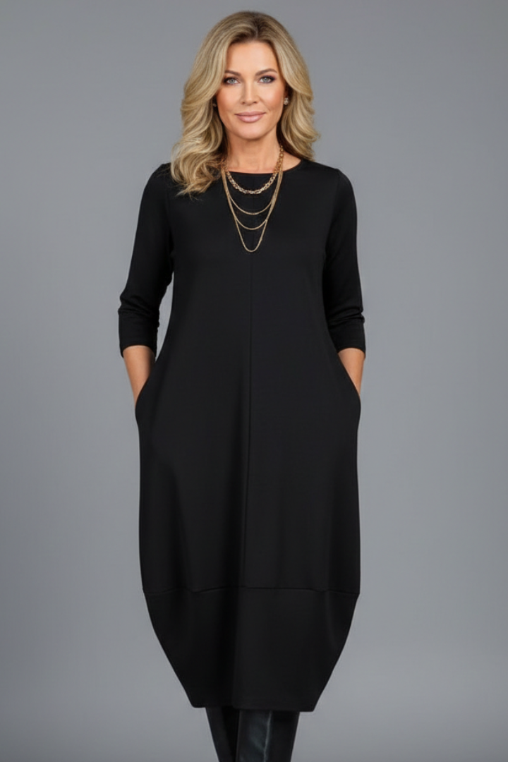 Women's Midi Dress with Pockets | A-Line 3/4 Sleeve Round Neck Textured Casual Dress for Everyday Comfortable Wear