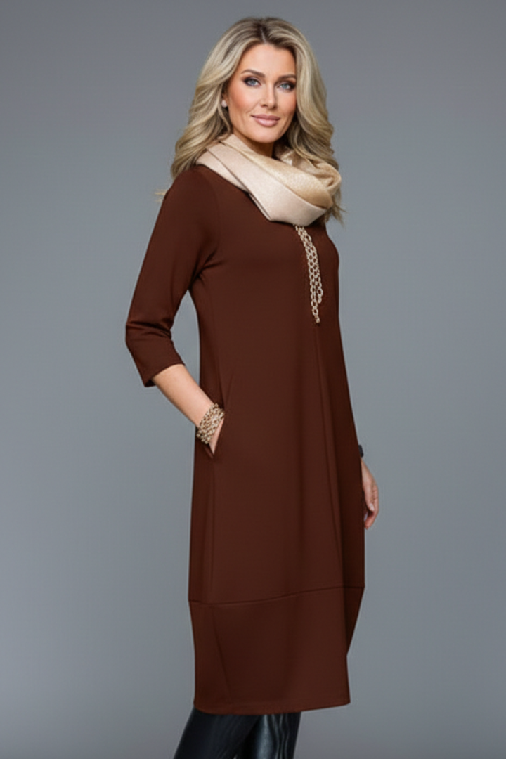 Women's Midi Dress with Pockets | A-Line 3/4 Sleeve Round Neck Textured Casual Dress for Everyday Comfortable Wear