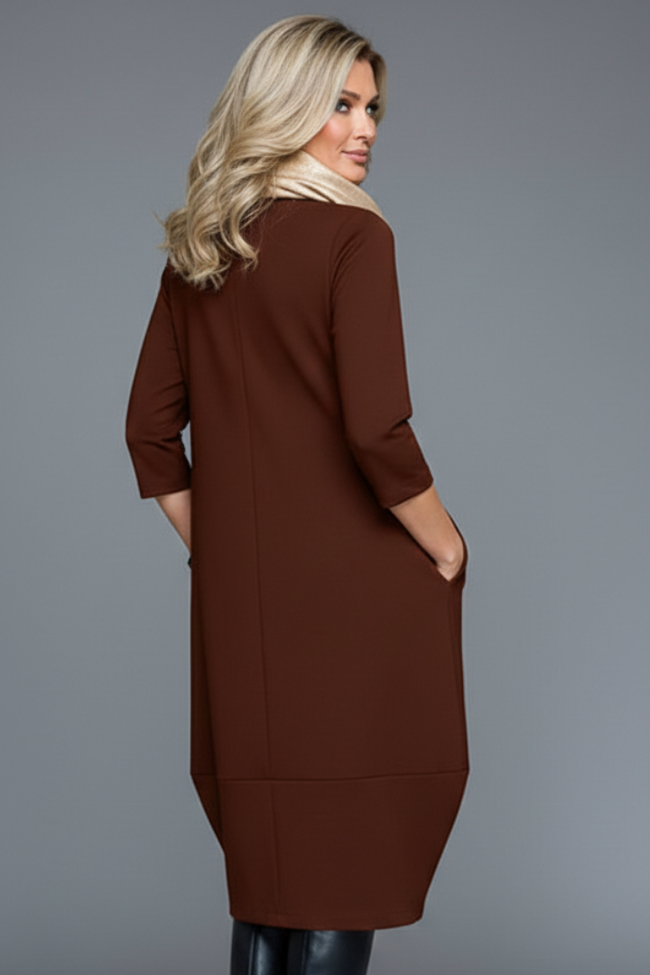 Women's Midi Dress with Pockets | A-Line 3/4 Sleeve Round Neck Textured Casual Dress for Everyday Comfortable Wear