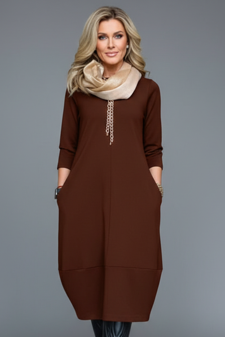 Women's Midi Dress with Pockets | A-Line 3/4 Sleeve Round Neck Textured Casual Dress for Everyday Comfortable Wear