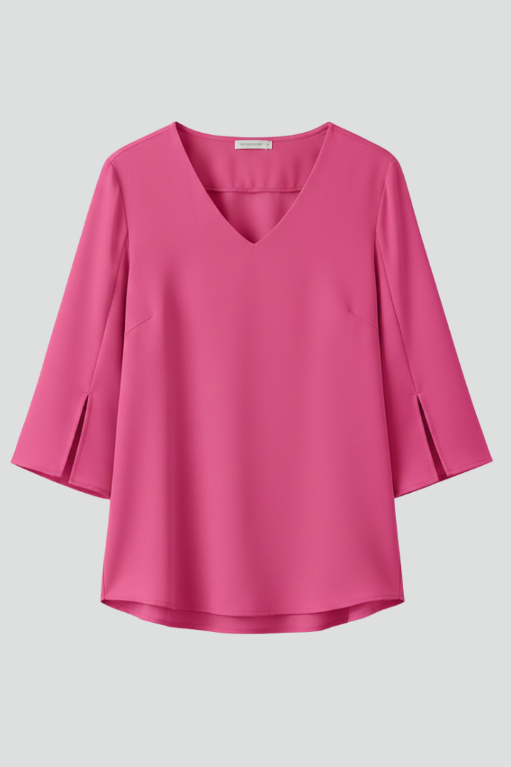 Damebluse med V-udskæring, korte ærmer og brystlomme | Afslappet top i pull-on-stil til hverdagsbrug, både på arbejde og i fritiden