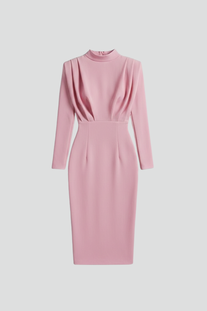 Women's High Neck Maxi Dress with Long Sleeves and Draped Bodice - Ankle Length Straight Skirt for All Season Wear