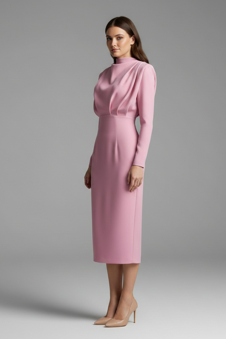 Women's High Neck Maxi Dress with Long Sleeves and Draped Bodice - Ankle Length Straight Skirt for All Season Wear