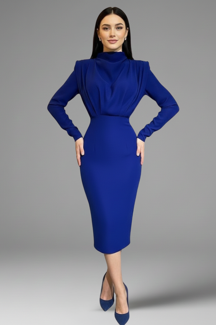 Women's High Neck Maxi Dress with Long Sleeves and Draped Bodice - Ankle Length Straight Skirt for All Season Wear