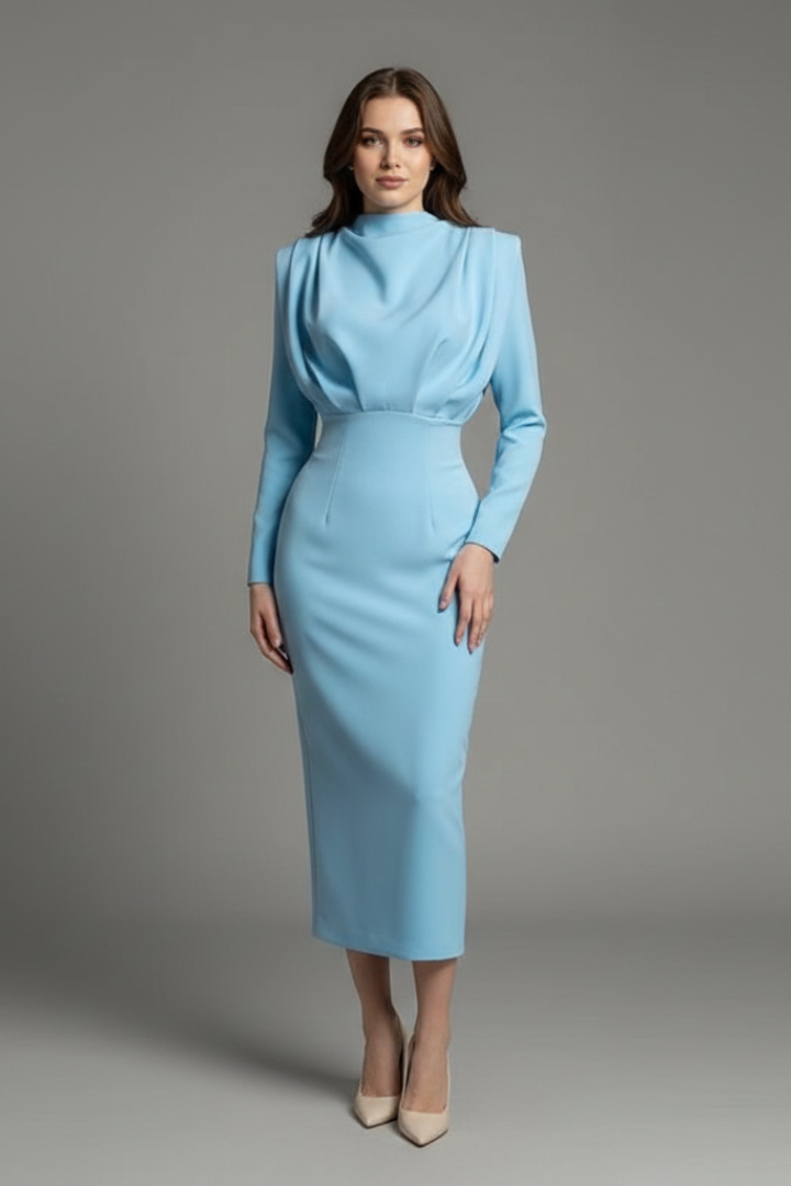 Women's High Neck Maxi Dress with Long Sleeves and Draped Bodice - Ankle Length Straight Skirt for All Season Wear