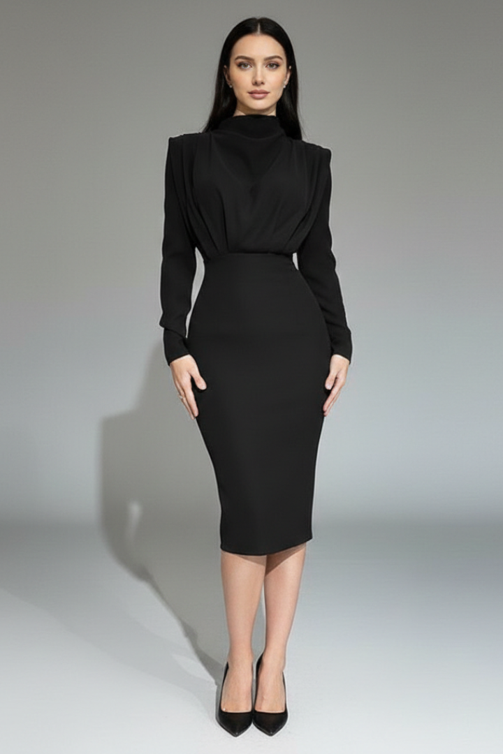 Women's High Neck Maxi Dress with Long Sleeves and Draped Bodice - Ankle Length Straight Skirt for All Season Wear