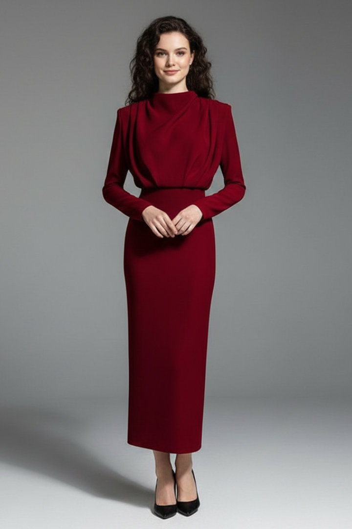 Women's High Neck Maxi Dress with Long Sleeves and Draped Bodice - Ankle Length Straight Skirt for All Season Wear