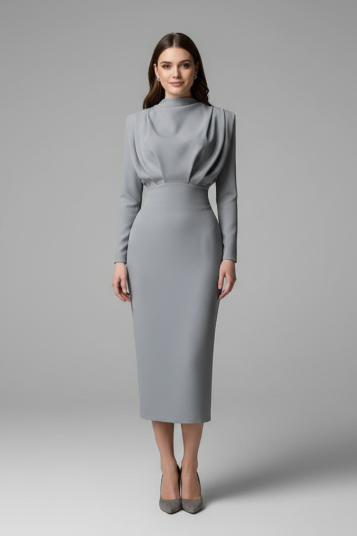 Women's High Neck Maxi Dress with Long Sleeves and Draped Bodice - Ankle Length Straight Skirt for All Season Wear