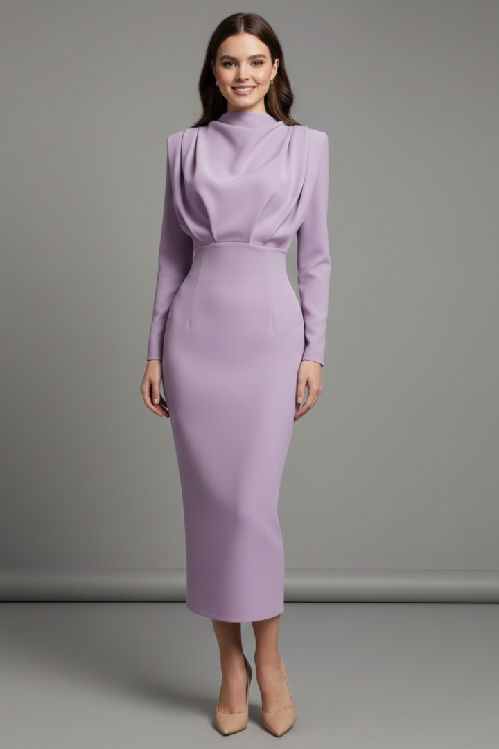 Women's High Neck Maxi Dress with Long Sleeves and Draped Bodice - Ankle Length Straight Skirt for All Season Wear