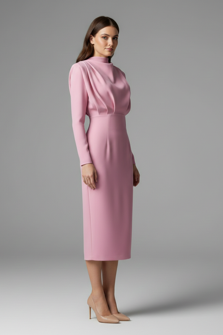 Women's High Neck Maxi Dress with Long Sleeves and Draped Bodice - Ankle Length Straight Skirt for All Season Wear