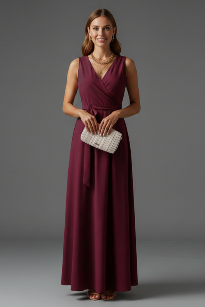 Women's V-Neck Maxi Dress | Sleeveless Floor Length Woven Gown with Adjustable Waist Tie | Versatile Occasion Long Dress