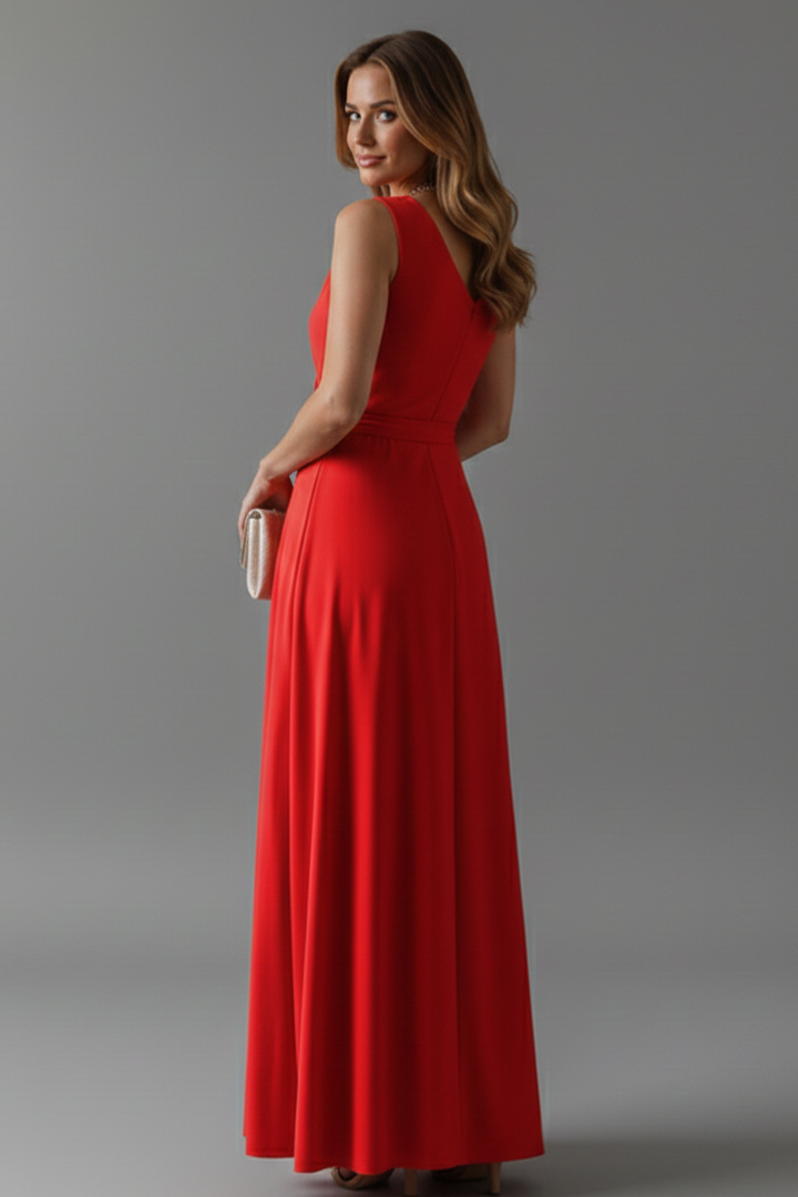 Women's V-Neck Maxi Dress | Sleeveless Floor Length Woven Gown with Adjustable Waist Tie | Versatile Occasion Long Dress