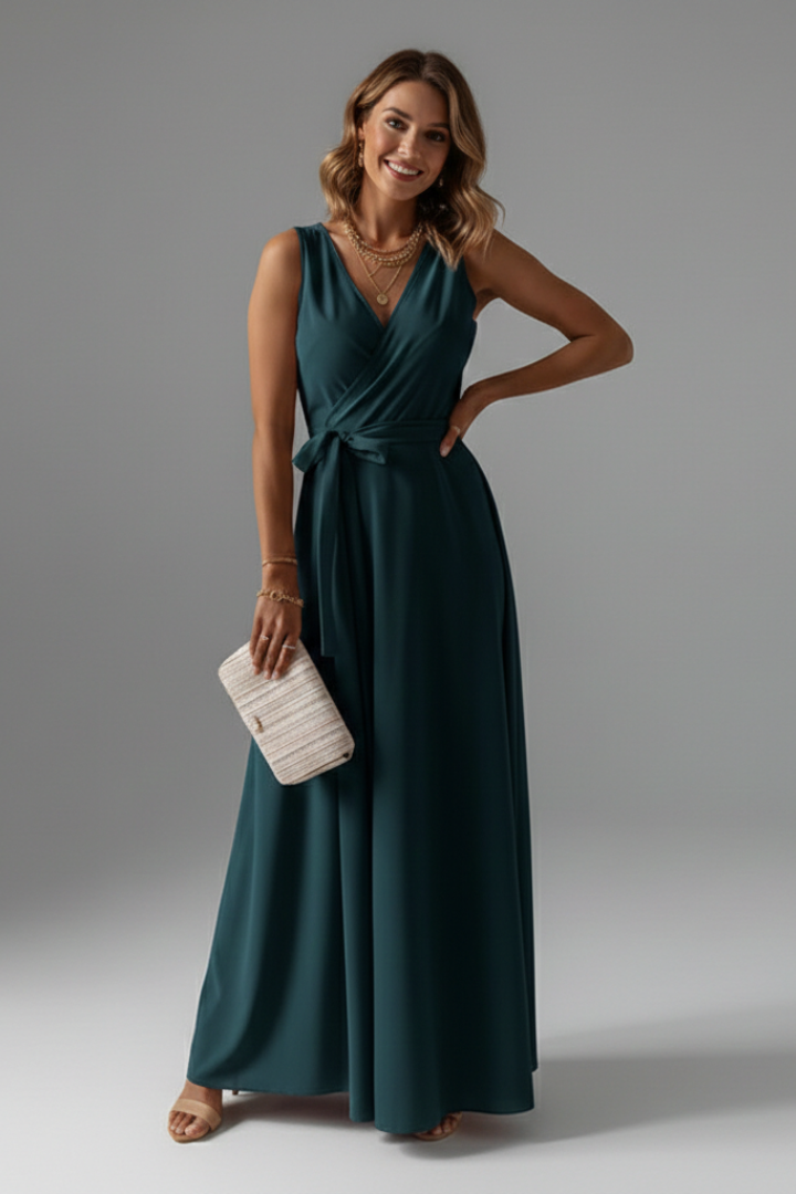 Women's V-Neck Maxi Dress | Sleeveless Floor Length Woven Gown with Adjustable Waist Tie | Versatile Occasion Long Dress
