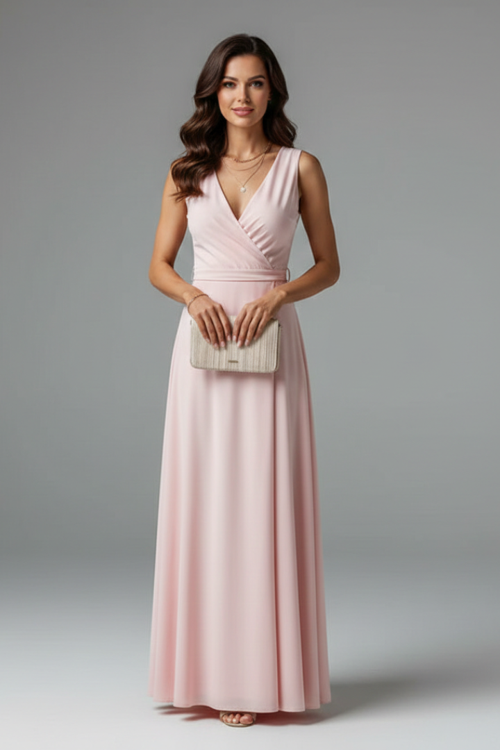 Women's V-Neck Maxi Dress | Sleeveless Floor Length Woven Gown with Adjustable Waist Tie | Versatile Occasion Long Dress