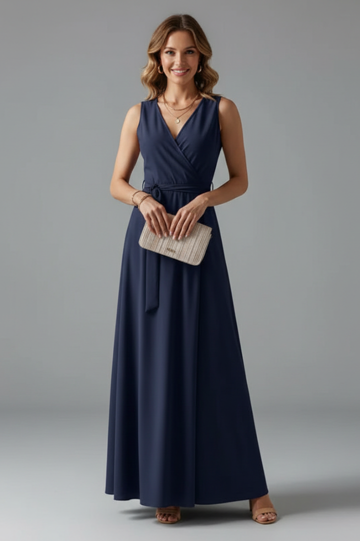 Women's V-Neck Maxi Dress | Sleeveless Floor Length Woven Gown with Adjustable Waist Tie | Versatile Occasion Long Dress