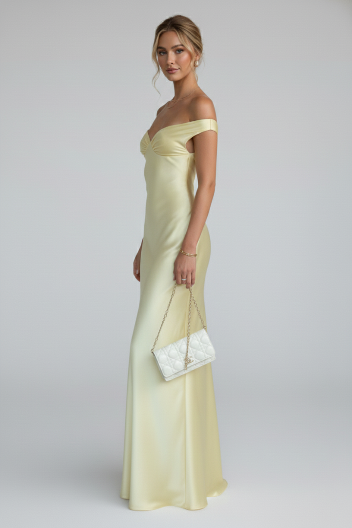 Women's Off-Shoulder Maxi Dress - Fitted Bodice Floor-Length Evening Gown with Folded Neckline - Elegant Formal Long Dress