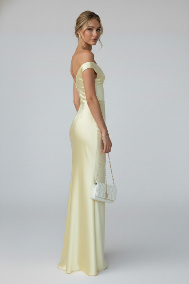 Women's Off-Shoulder Maxi Dress - Fitted Bodice Floor-Length Evening Gown with Folded Neckline - Elegant Formal Long Dress