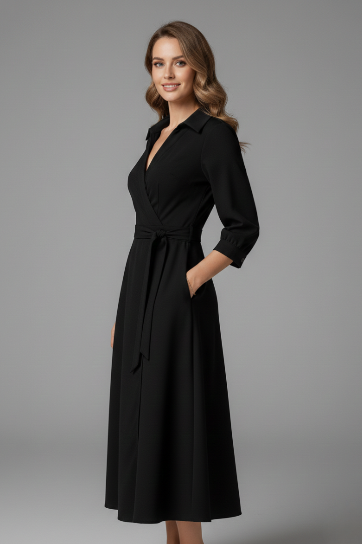 Women's Long Sleeve Midi Dress with V-Neckline and Lapel Collar | Adjustable Waist Tie A-Line Skirt with Front Slit Detail