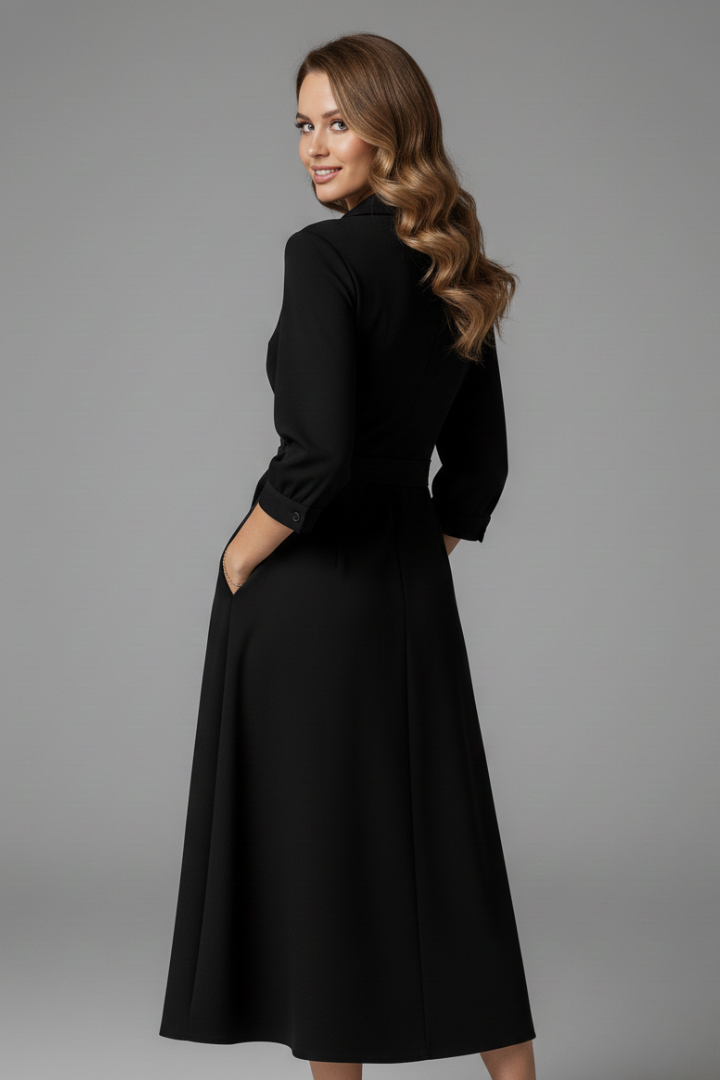 Women's Long Sleeve Midi Dress with V-Neckline and Lapel Collar | Adjustable Waist Tie A-Line Skirt with Front Slit Detail