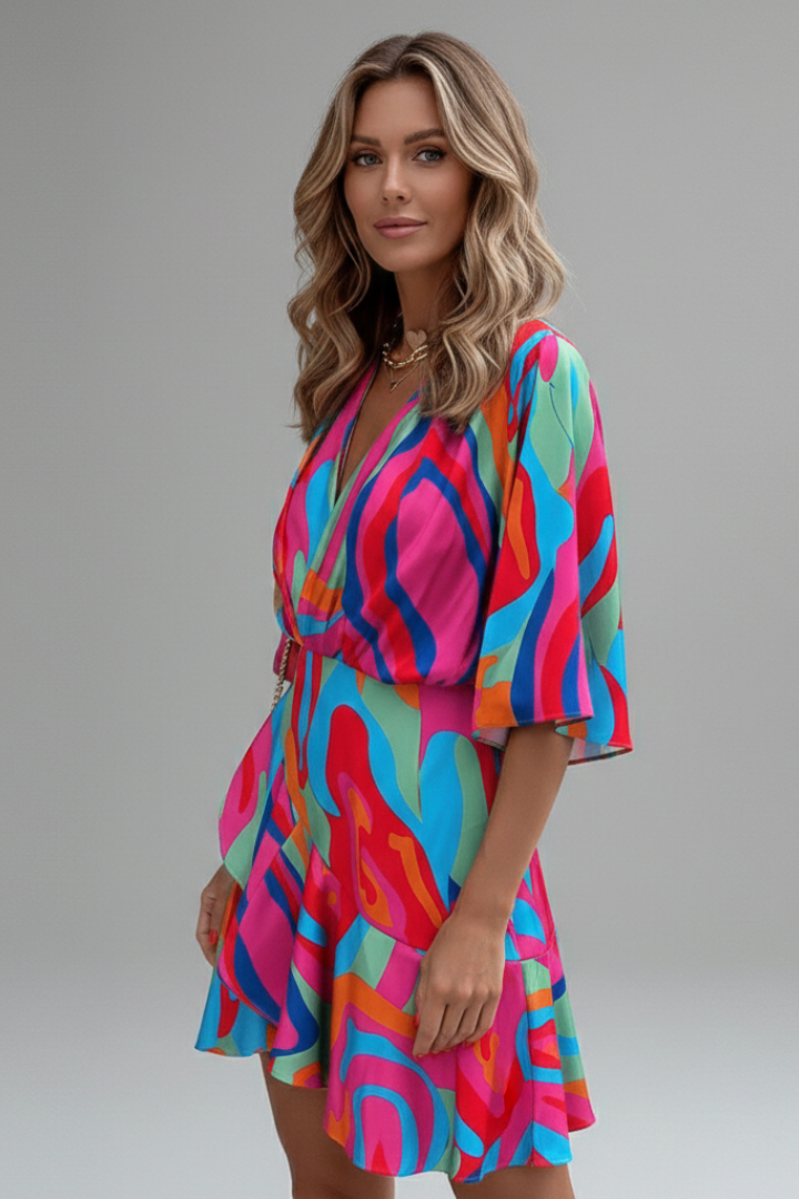 Women's Mini Dress with Batwing Sleeves and Adjustable Waist Tie | V-Neck Printed Short Dress for All Season Versatility