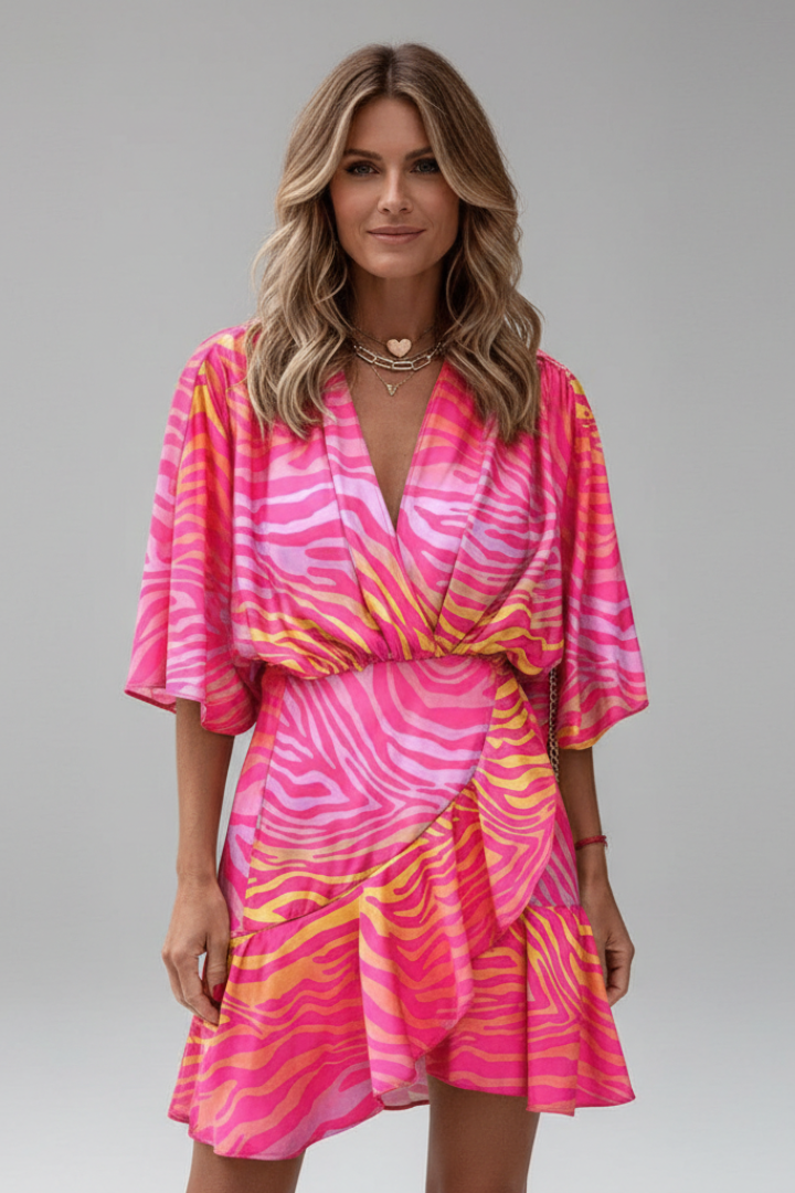 Women's Mini Dress with Batwing Sleeves and Adjustable Waist Tie | V-Neck Printed Short Dress for All Season Versatility