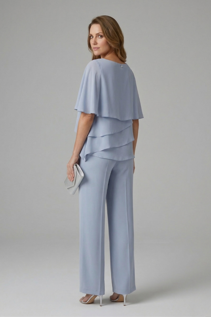 Women's Two-Piece Set with Layered Short Sleeve Top and Straight Leg Trousers | Relaxed Fit Pull-On Co-ord Outfit