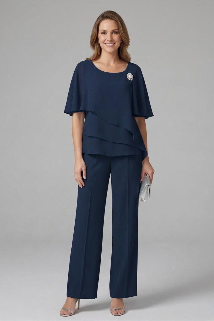 Women's Two-Piece Set with Layered Short Sleeve Top and Straight Leg Trousers | Relaxed Fit Pull-On Co-ord Outfit
