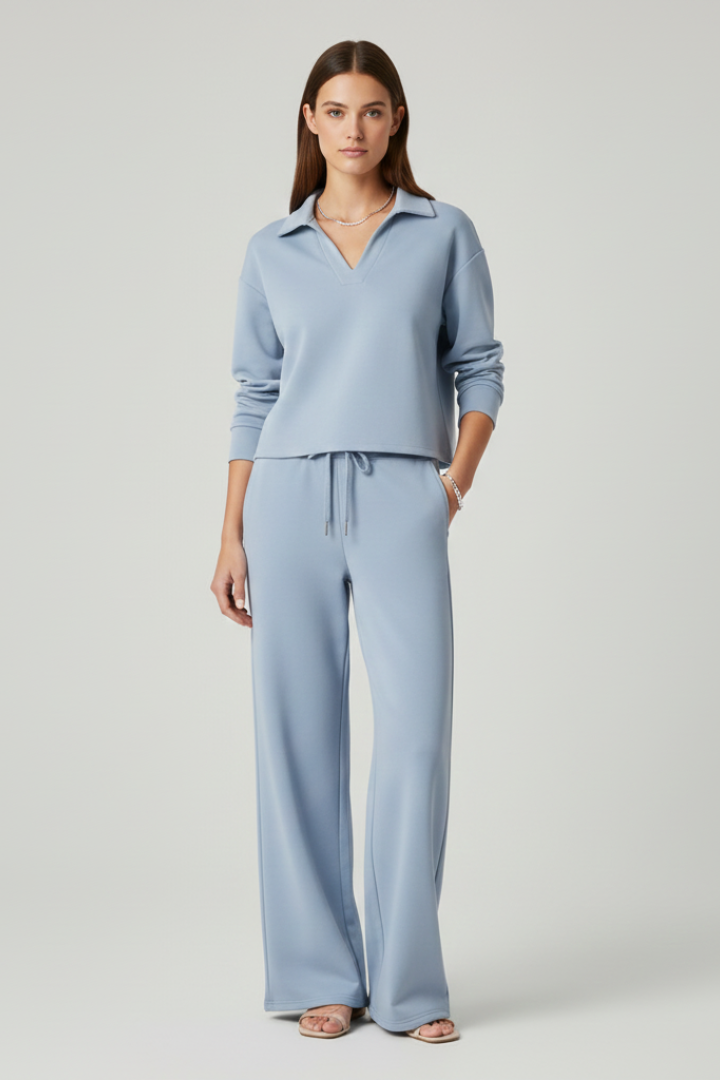 Women's Two-Piece Set with V-Neck Long Sleeve Top and Wide-Leg Pants | Relaxed Fit Coordinated Everyday Lounge Set with Pockets
