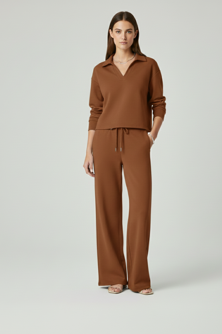 Women's Two-Piece Set with V-Neck Long Sleeve Top and Wide-Leg Pants | Relaxed Fit Coordinated Everyday Lounge Set with Pockets