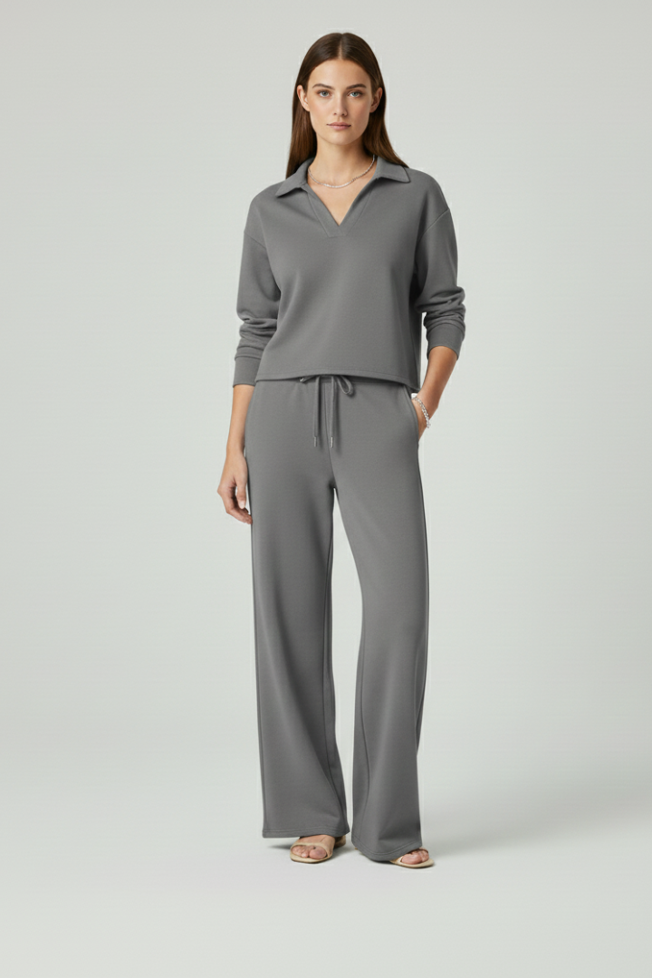 Women's Two-Piece Set with V-Neck Long Sleeve Top and Wide-Leg Pants | Relaxed Fit Coordinated Everyday Lounge Set with Pockets