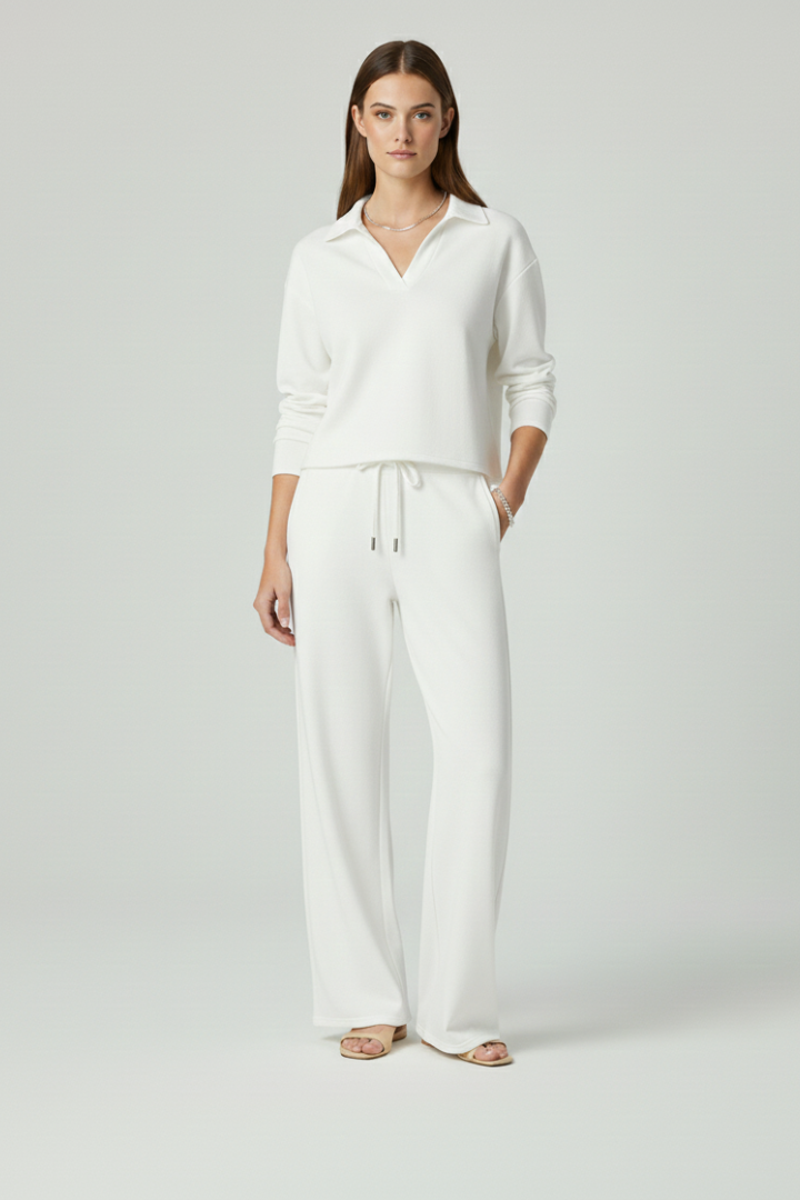 Women's Two-Piece Set with V-Neck Long Sleeve Top and Wide-Leg Pants | Relaxed Fit Coordinated Everyday Lounge Set with Pockets